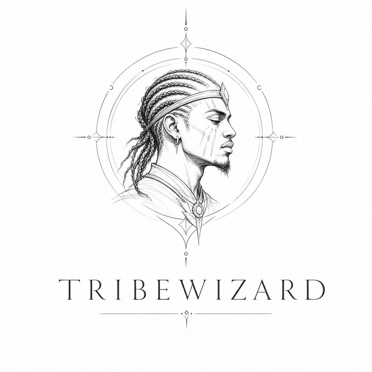 Imperial seal — monochrome sketch of a regal figure with the TribeWizard wordmark