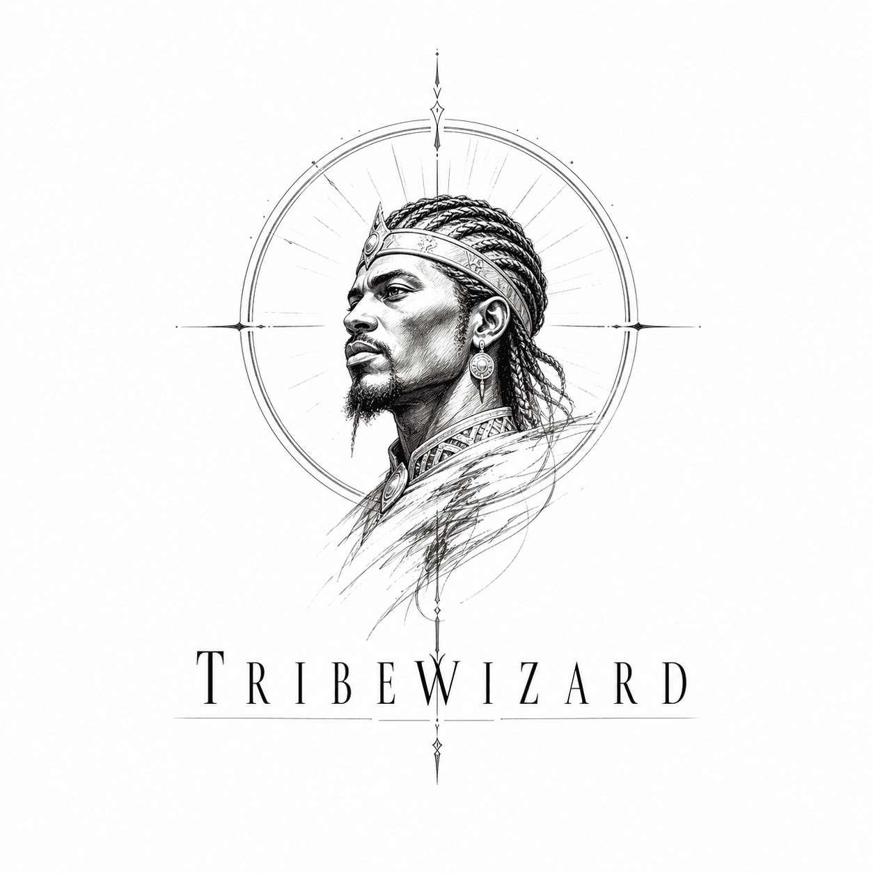 Monochrome sketch logo concept with regal emperor-inspired figure and TribeWizard wordmark